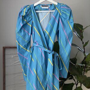 Women's ROTATE Birger Christensen Blue 80's Striped BRIDGET Mini Wrap Dress US 2